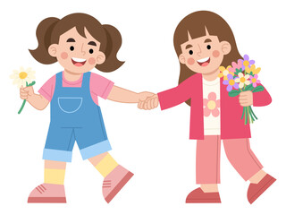 Illustration of Two Girls Holding Hands with Flowers