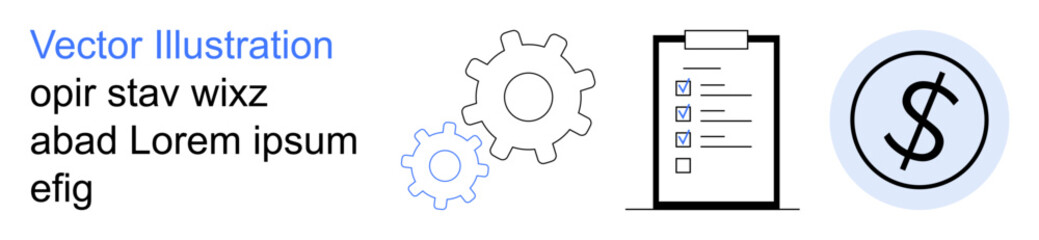 Obraz premium Business strategy, productivity tools, financial management, workflow optimization, goal tracking, technology. Gear icons, checklist on clipboard dollar symbol in circle. Productivity tools