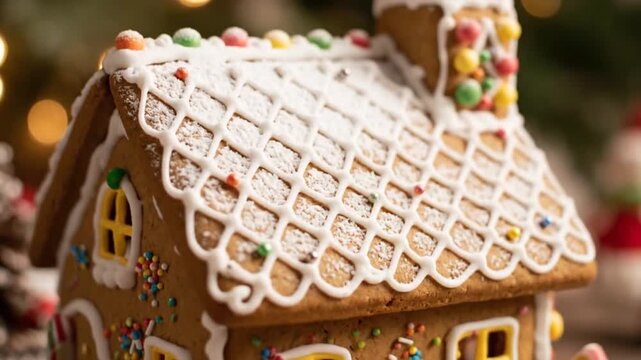 Close-up of a decorated gingerbread house with white icing and candy details on a blurred background with warm lights.