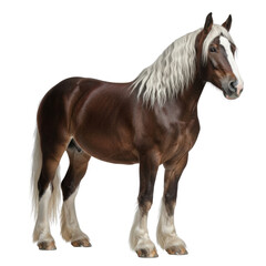 Obraz premium Majestic brown and white horse standing in outdoor pasture with natural scenery, showcasing strength, beauty, and grace in a stunning wildlife and farm environment