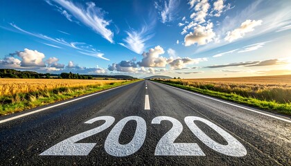 Obraz premium A long, straight road stretches into the distance, with the year 2020 painted on it