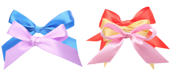 a collection of colorful satin ribbon bows, featuring a blue and purple duo alongside a pink, yellow, and red grouping, arranged against a transparent background.