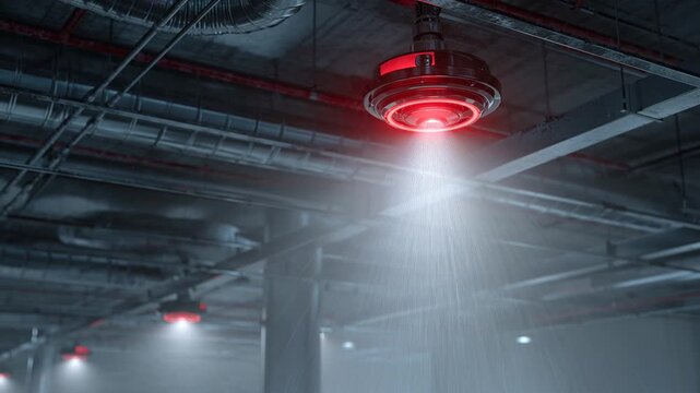 Close-up of a ceiling-mounted fire sprinkler head with a glowing red alarm light actively discharging a fine mist of water. Industrial background with exposed pipes, ducts, and metal structures.