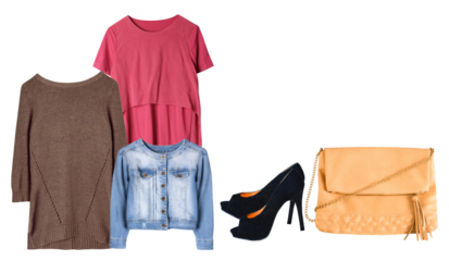 women's casual fashion outfit: brown knitted sweater dress, denim jacket, pink t-shirt, black high heels, and tan crossbody bag with tassel detail.