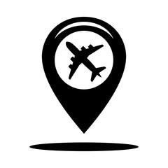 Map marker icon with airplane symbol, representing airport location, air travel routes, flight navigation, and transportation services. © Wendy
