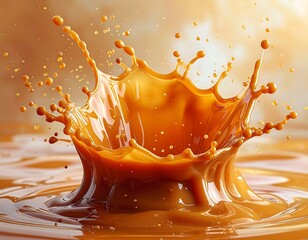 A close-up of caramel liquid splashing and forming droplets