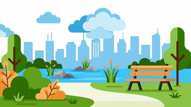 City Park Escape Serene View with Modern Skyline Backdrop.