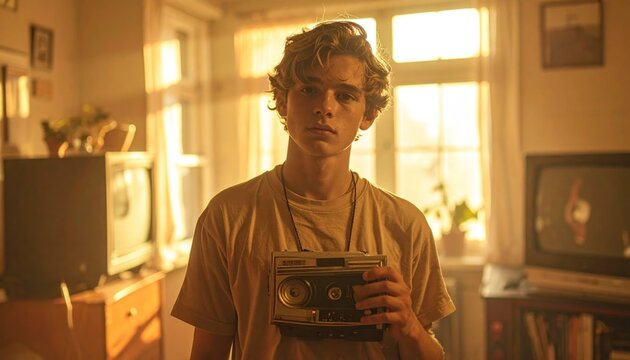 Nostalgic young man capturing memories with vintage Polaroid camera in sunlit room.