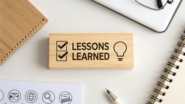 Wooden blocks 'Lessons Learned' on modern wooden desk. Lessons learned concept