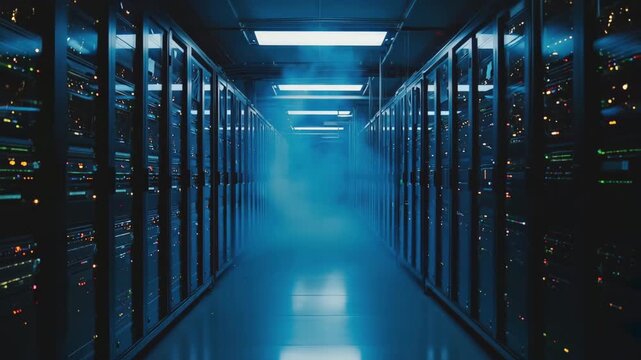 Data center corridor with server racks and fog effect