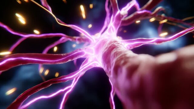 Close-Up of a 3D Neural Network Animation Featuring an Electrifying Neuron with Pulsating Energy, Showcasing the Complex Beauty of Synaptic Connections and Neurotransmission Processes
