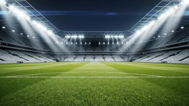 Empty soccer stadium field at night with bright lights, seats filled, and the center field marking