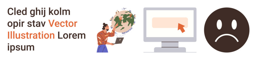 Fototapeta premium Technology challenges, online communication, frustration, connectivity issues, workflow disruption, virtual world. Person using laptop illustrated with globe, screen and sad face. Technology