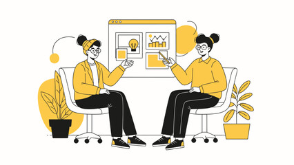 Fototapeta premium Business Meeting: Two people discussing strategy on whiteboard with charts and ideas