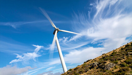 Wind turbine with white blades on grassy hill under blue sky with wispy clouds, symbolizing clean energy and environmental sustainability