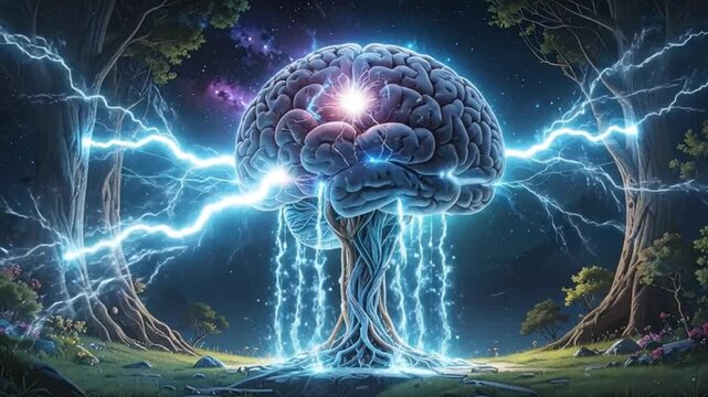 Brain-shaped tree with glowing lights and lightning, symbolizing intelligence and the power of nature.