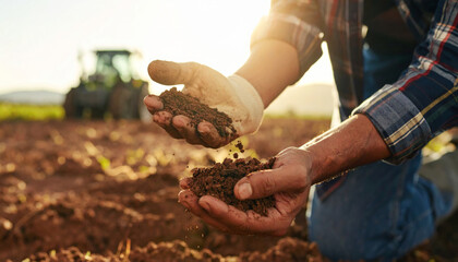 Farmer holding rich soil in hands with sunlight and tractor in background, symbolizing organic farming and healthy earth