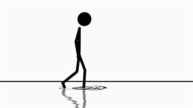 Animated Black Stickman Walking on White Reflective Surface