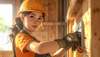 Young female electrician wearing safety helmet and gloves working on electrical panel inside wooden building with natural light