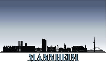 Global city Mannheim shown in a detailed vector skyline with grey rainy sky