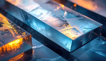 Illuminated translucent rectangles in shades of blue and gold, refracting light