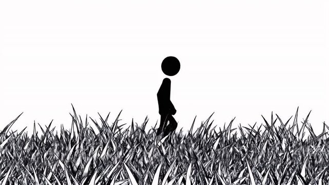 Animated Black Stickman Walks Through Grass Field on White Background