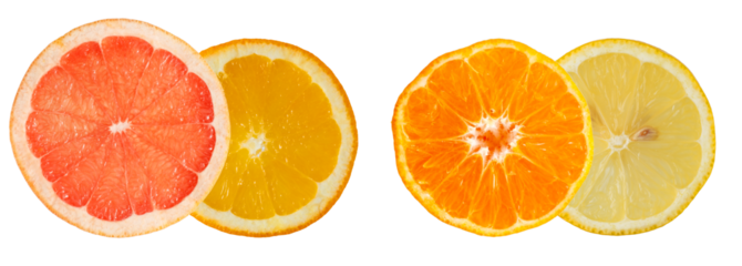 realistic photograph of citrus fruit slices including grapefruit, orange, and lemon, arranged on a transparent background for a refreshing and vibrant visual.