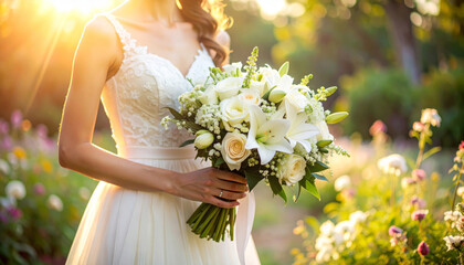 Bride holding elegant white floral wedding bouquet with roses and lilies in sunlit garden, capturing romantic and joyful moment