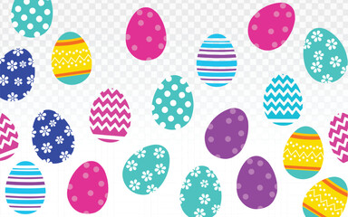 Colorful vector pattern of decorated Easter eggs with stripes, dots, and zigzag designs, playful flat style ideal for spring backgrounds, holiday banners, greeting cards, wrapping paper, and festive 