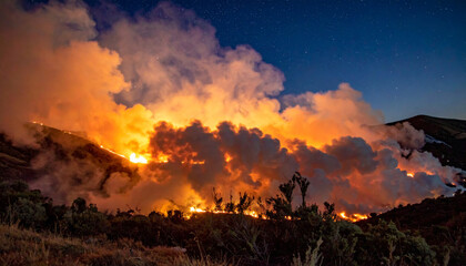 Wildfire blaze and thick smoke engulfing hillside at night under starry sky, creating dramatic and intense natural scene