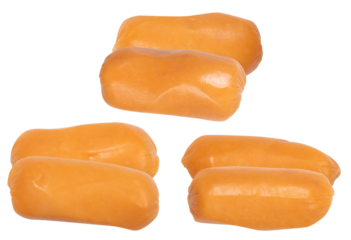 three juicy, golden-brown mini sausages presented on a clean transparent background, ideal for a food catalog or promotional material.