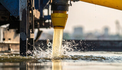 Water splashing from yellow industrial pipe into body of water with blurred cityscape in background, showing dynamic motion and energy