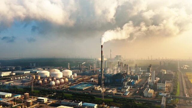 Aerial shot of an oil refinery and chemical plant with environmental pollution in industrial area