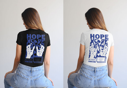 Mockup Of Woman In Customizable T-Shirt Sitting In Studio, Rear View