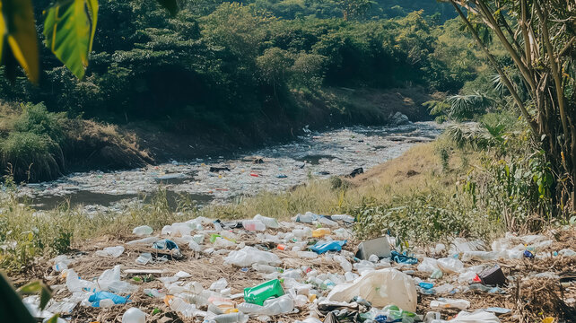 Polluted river filled with plastic waste highlighting water pollution, environmental damage and human impact on nature concept