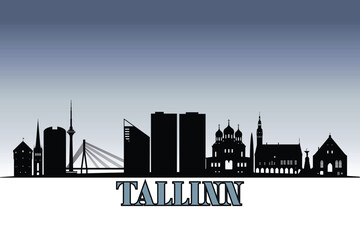 Fototapeta premium Global city Tallinn shown in a detailed vector skyline with grey rainy sky
