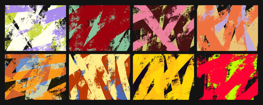 Grunge roller texture set. Abstract paint brayer stripe backgrounds with distressed grain and rough print effect.