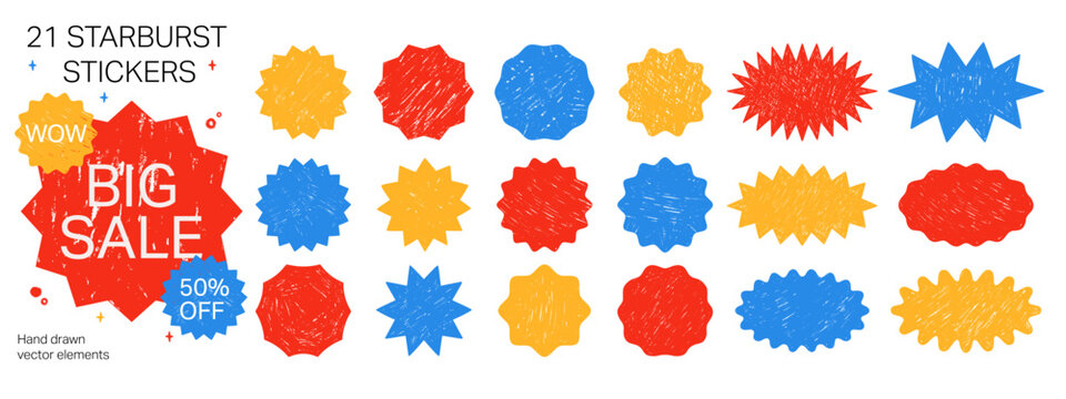 Hand drawn starburst badge collection with crayon scribble texture. Promo badges in different burst shapes for sale and discount design.