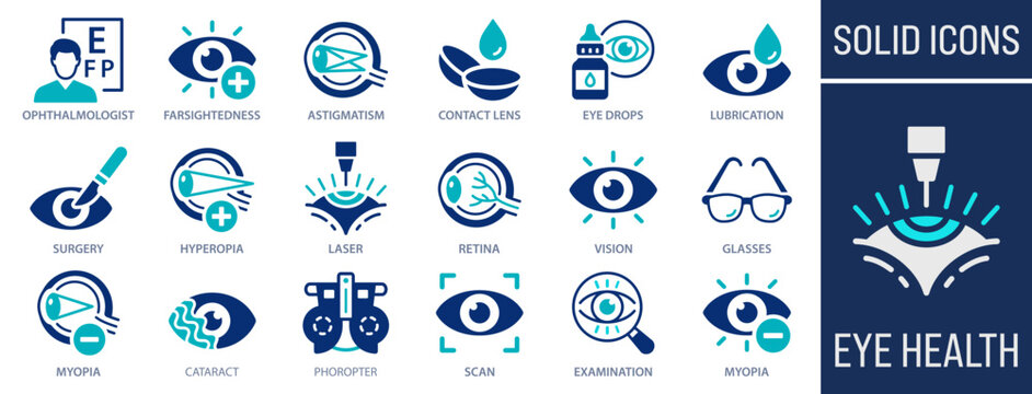 Eye health icons set. Showing ophthalmology, vision examination, eye diseases, treatment, and optical care. Solid icons collection.