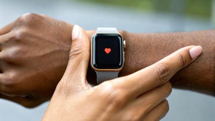 Future and modern technology love relationship valentine concept. A hand points to a smartwatch displaying a heart symbol, emphasizing health monitoring technology.