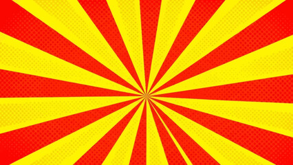 Obraz premium Red sunburst lines on yellow Background. Light sun rays pattern. Vintage stripes halftone radial wallpaper for poster, banner, advertising backdrop, comic or circus scene
