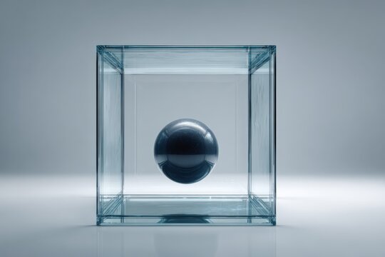 A transparent glass box containing a metal ball, creating a clean abstract display.