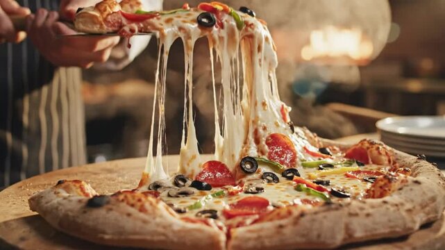Chef lifting a slice of hot, cheesy pepperoni pizza from a wooden pizza peel, showing long cheese pulls