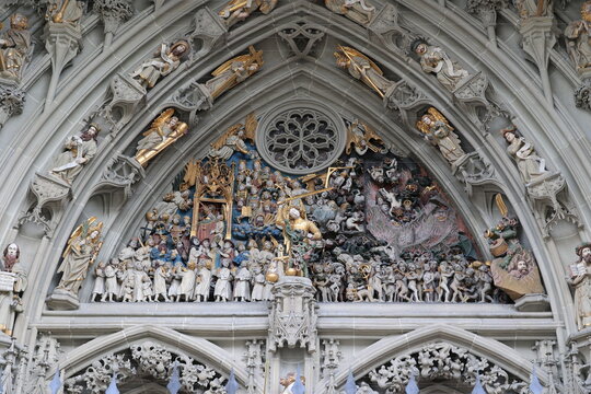 Gothic stonemasonry art above the entrance to the Bern Minster, Switzerland
