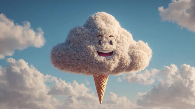 A whimsical cartoon cloud shaped like an ice cream on a cone floating in the sky with fluffy white clouds