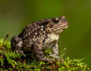 Obraz premium A close-up photo of a brown and gray toad sitting on green moss