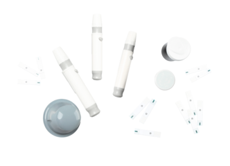 collection of sterile medical lancets and test strips arranged in a creative pattern on a transparent background.