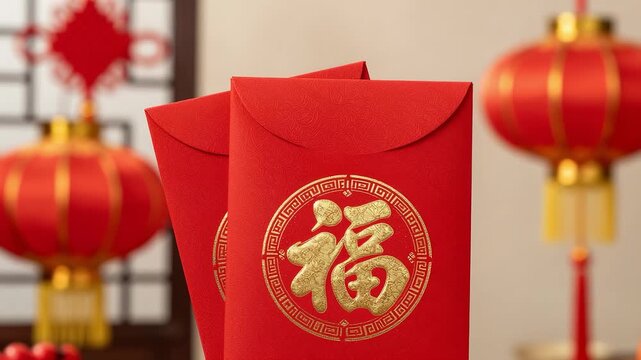 Red envelopes with gold Fu character against festive lanterns background