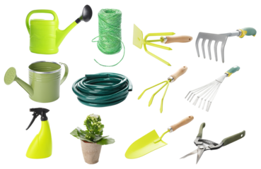collection of gardening tools and supplies including watering cans, hose, trowel, rake, and shears, isolated on black.