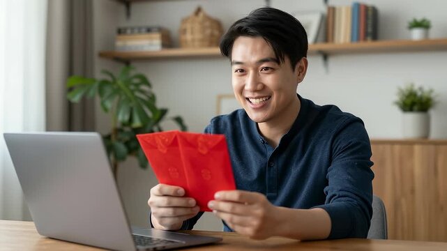 Young Asian man holding red envelopes in front of laptop smiling